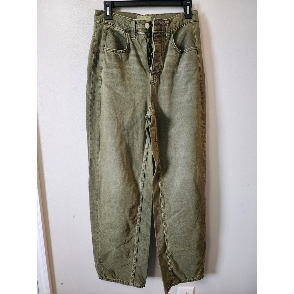 We The Free Free People Barrel Jeans Olive Green High Rise Button Fly Size 26